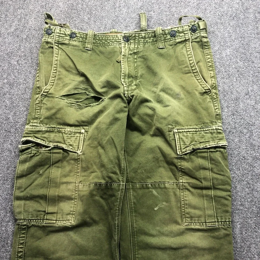 Vintage Distressed Olive Green Cargo Pants Mens Wide Leg Multi Pocket 36x27